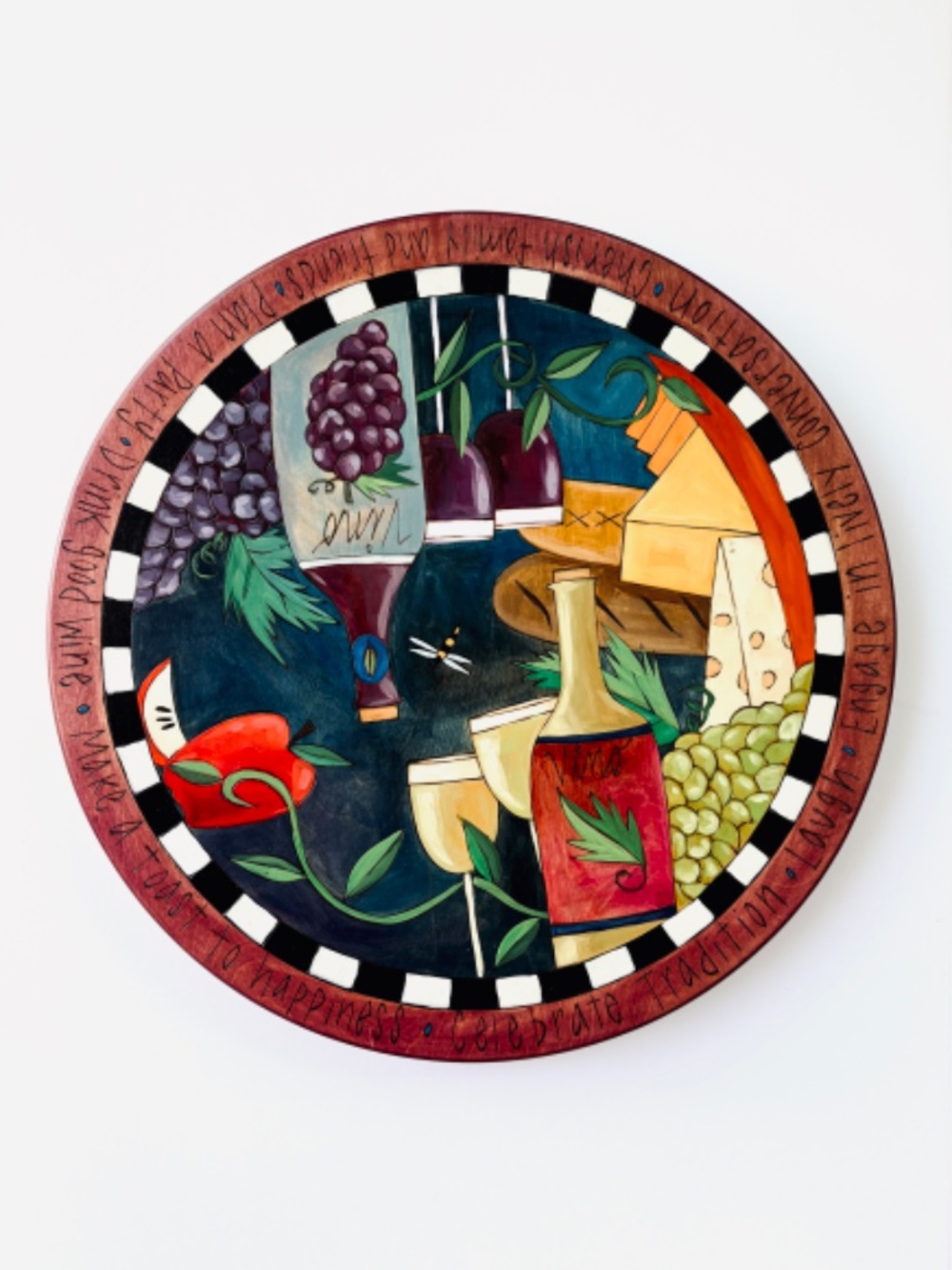 Sticks Handmade Lazy Susan 20" Wine and Cheese Wood Burned Hand Painted